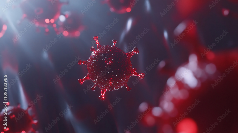 Poster Microscopic view of coronavirus cells floating through the body, causing sickness and disease