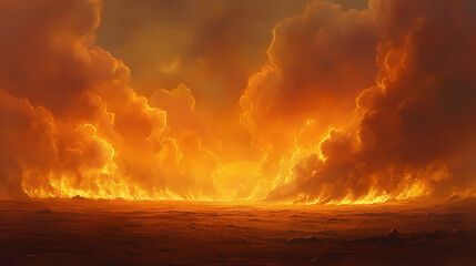 A wall of flames rises high into the sky as a massive wildfire sweeps through a dry and barren landscape, smoke billowing, fiery horizon. Rising Firestorm Horizon. Illustration