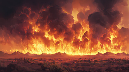 A wall of flames rises high into the sky as a massive wildfire sweeps through a dry and barren landscape, smoke billowing, fiery horizon. Rising Firestorm Horizon. Illustration