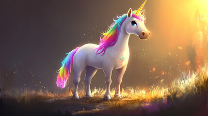 A majestic unicorn with a rainbow-colored mane standing proudly. the unicorn radiates magical vibes against a plain background, suitable for various designs. Majestic Unicorn Plains. Illustration