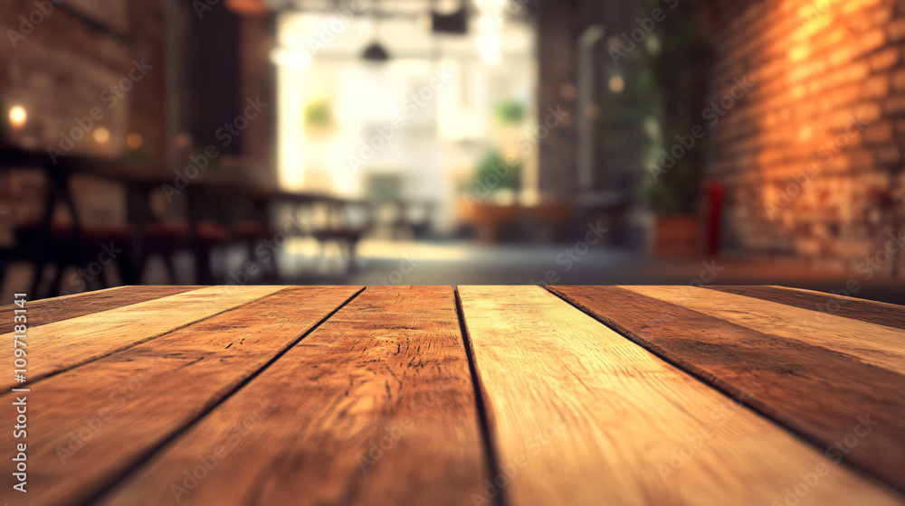 Aufkleber ideal product placement space on rustic wooden table in warm, inviting restaurant setting