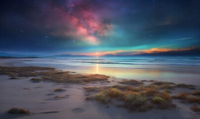 Obraz premium Moon glow on the beach where sea and sky meet.