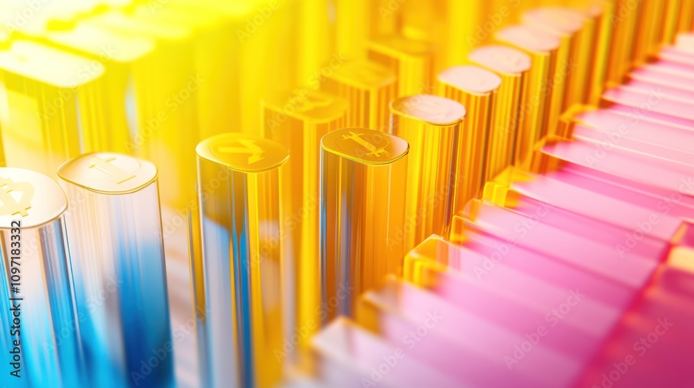 Poster colorful abstract representation of digital currency symbols on metallic rods.
