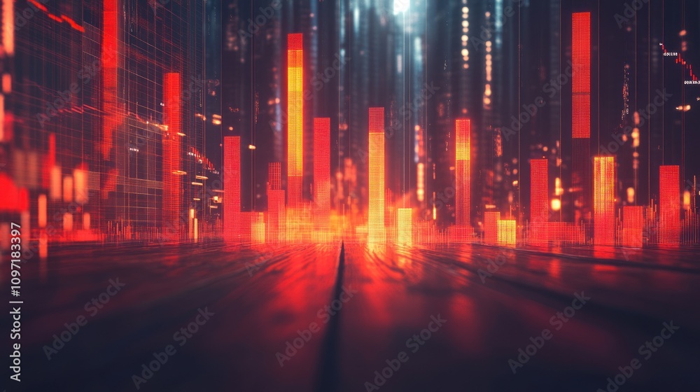 Aufkleber a digital landscape featuring glowing red bars, representing data or sound waves.