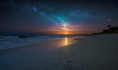 Obraz premium Beach with soft sands, shimmering ocean and moon.