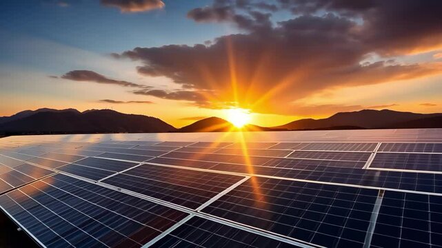 A solar panel array in a landscape during sunset, highlighting the solar panels and vibrant sky colors.