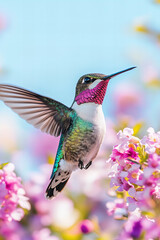 Fototapeta premium Vibrant Hummingbird in Mid-Flight Feeding on Colorful Blossoms in a Lush Garden Under a Bright Blue Sky with Stunning Natural Scenery