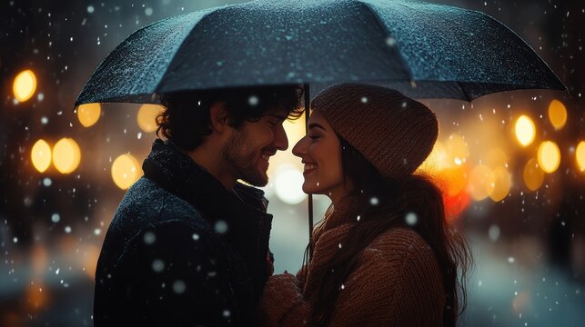 A romantic couple sharing a cozy moment under an umbrella on a snowy evening