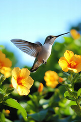 Obraz premium Vibrant Hummingbird in Mid-Flight Feeding on Colorful Blossoms in a Lush Garden Under a Bright Blue Sky with Stunning Natural Scenery