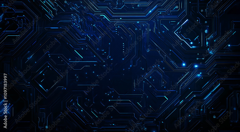 Poster Abstract depiction of intricate circuit patterns with glowing blue lights against a dark background
