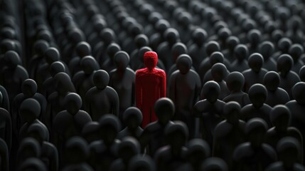 Obraz premium Red figure standing out in a crowd of black faceless silhouettes, emphasizing individuality and distinction in a sea of conformity.