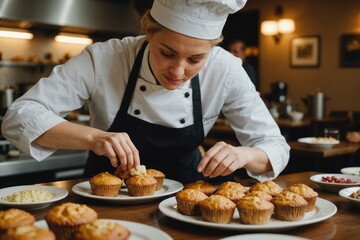 Female chef arranging muffins on a plate at restaurant