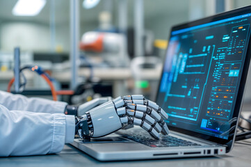 Robotic hand interacts with a laptop displaying complex data in a modern research lab setting