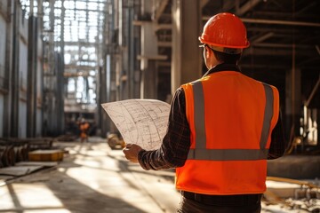 Construction worker reviewing blueprints at a large building site during daylight hours