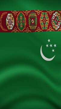 Turkmenistan Waving Flag in Vertical Orientation. Realistic Flag Animation. Seamless Loop Background.	