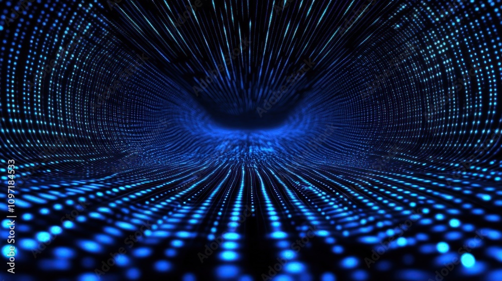 Poster A digital tunnel of blue dots representing data flow and technology.