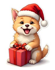 Cute dog with Merry Christmas hand and gift