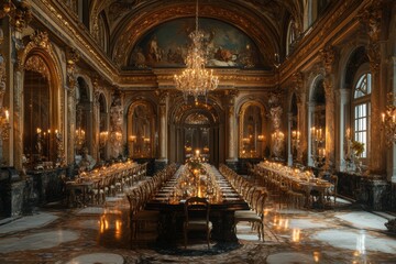Elegant banquet hall with ornate decor and long dining tables.