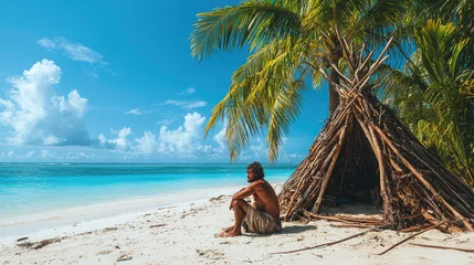 Selbstklebende Fototapeten Lone man in rags sitting by tropical beach with palm trees and wooden hut. Lost male person on uninhabited island in ocean. Concept of lost, sea, shipwreck, © karina_lo