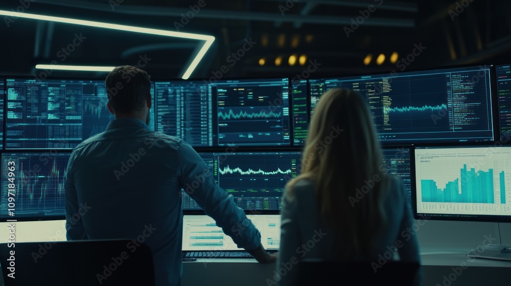 Poster two analysts working late reviewing financial data