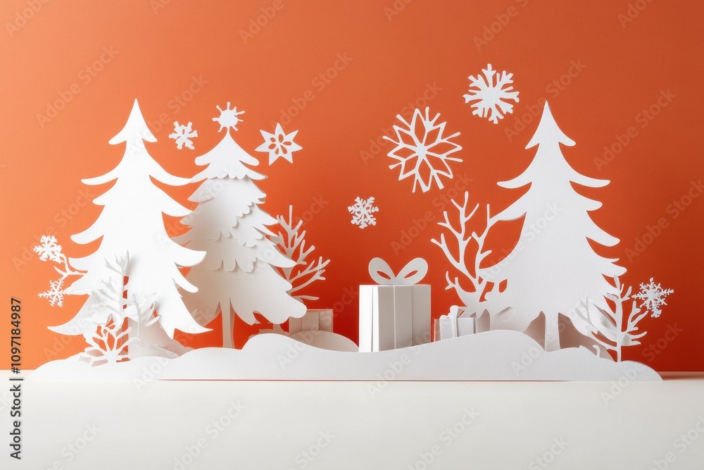 Poster handcrafted holiday card showcases intricate paper cut-out trees and festive snowflakes, creating a 