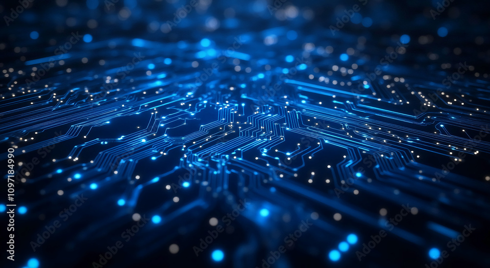 Poster digital circuitry with glowing connections and vibrant blue lights creates an intricate technology b