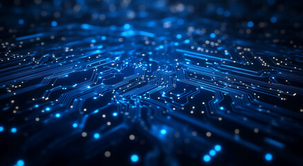 Digital circuitry with glowing connections and vibrant blue lights creates an intricate technology backdrop