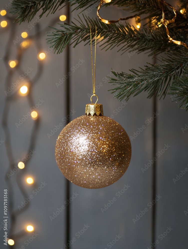 Poster a golden ornament with sparkling glitter hangs from a lush pine branch, illuminated by warm, twinkli