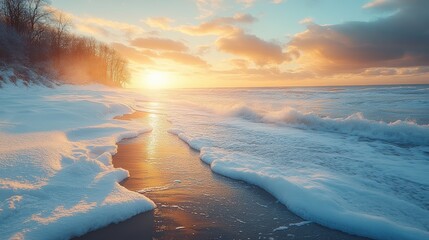 Naklejka premium Snowy beach at sunset with waves crashing and colorful sky in winter season