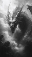 Majestic Dragon Soaring Through Misty Mountains