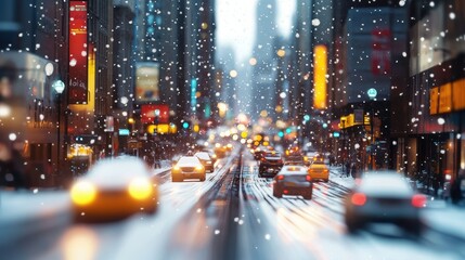 Obraz premium Snowy urban street scene with blurred vehicles and sunlight reflection