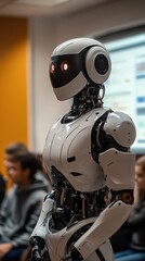 Ai professor teaching class with advanced robot at digital whiteboard