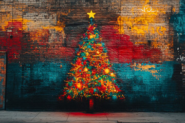 Vibrant mural of a Christmas tree decorated with colorful lights against a graffiti backdrop in an urban setting