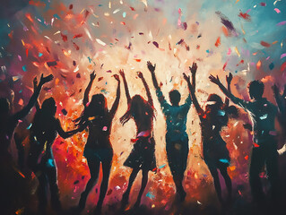 illustration of seven people standing on a line surrounded by confetti, lights and smoke. Festive celebration festival, new years concept.