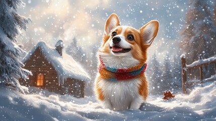 Happy corgi wearing a colorful scarf in a snowy forest with a cozy cabin in the background.