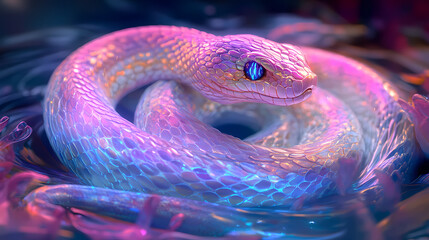 A mesmerizing 3d rendering of a vibrant serpent coils around itself, its scaly body glowing with an ethereal. Ethereal Water Serpent. Illustration