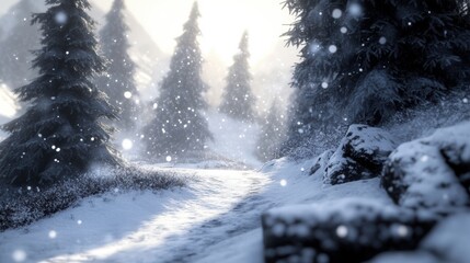 Snowy winding path in mountain forest with sunlit evergreens