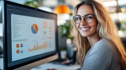 Smiling woman with glasses working on a computer displaying data visualizations and charts in a modern office environment.