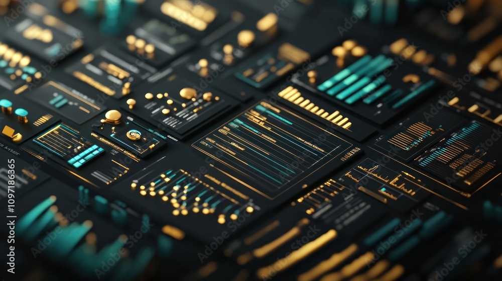 Aufkleber Abstract data visualization with charts and graphs in teal and gold.