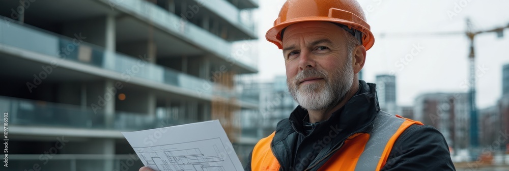 Poster a construction worker reviewing blueprints at a building site.