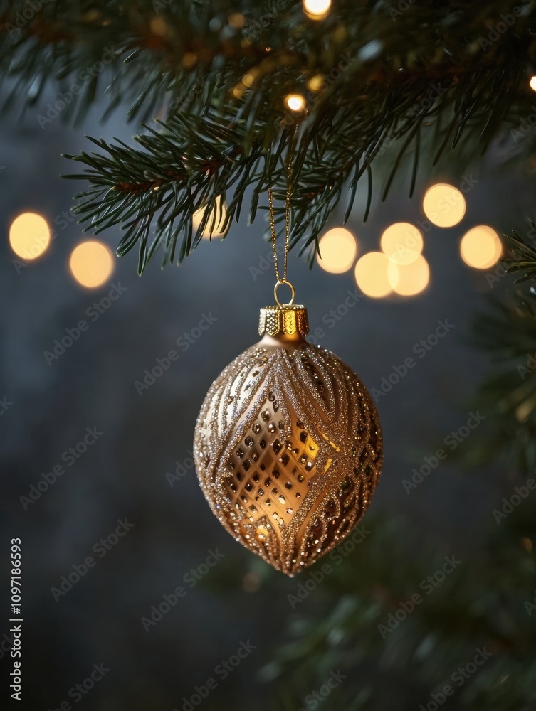 Poster A sparkling golden Christmas ornament is elegantly suspended from a pine branch, illuminated by soft glowing bokeh lights in the background. Generative AI