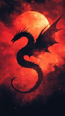 Black Dragon Silhouette Against Red Moonlit Sky