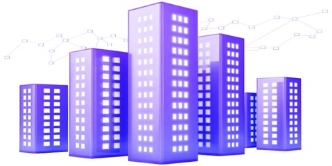 Digital city, cartoon towering skyscrapers