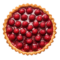 A raspberry pie topped with fresh raspberries in a golden crust.