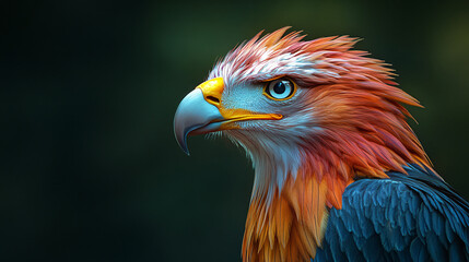 Obraz premium Close-up of an eagle showcasing vibrant plumage and intense gaze, capturing power and beauty of wildlife
