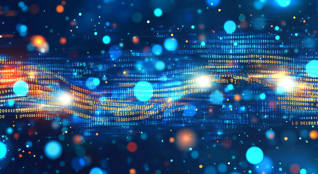 Digital data stream with vibrant colors and binary code flowing through a futuristic background at night