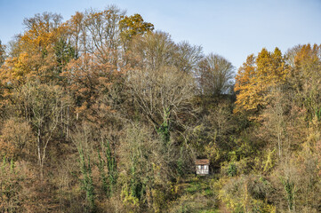 Weiße Weinberghütte mit rotem Dach in ehemaligem Weinberg mit verwildertem Baumbestand mit...