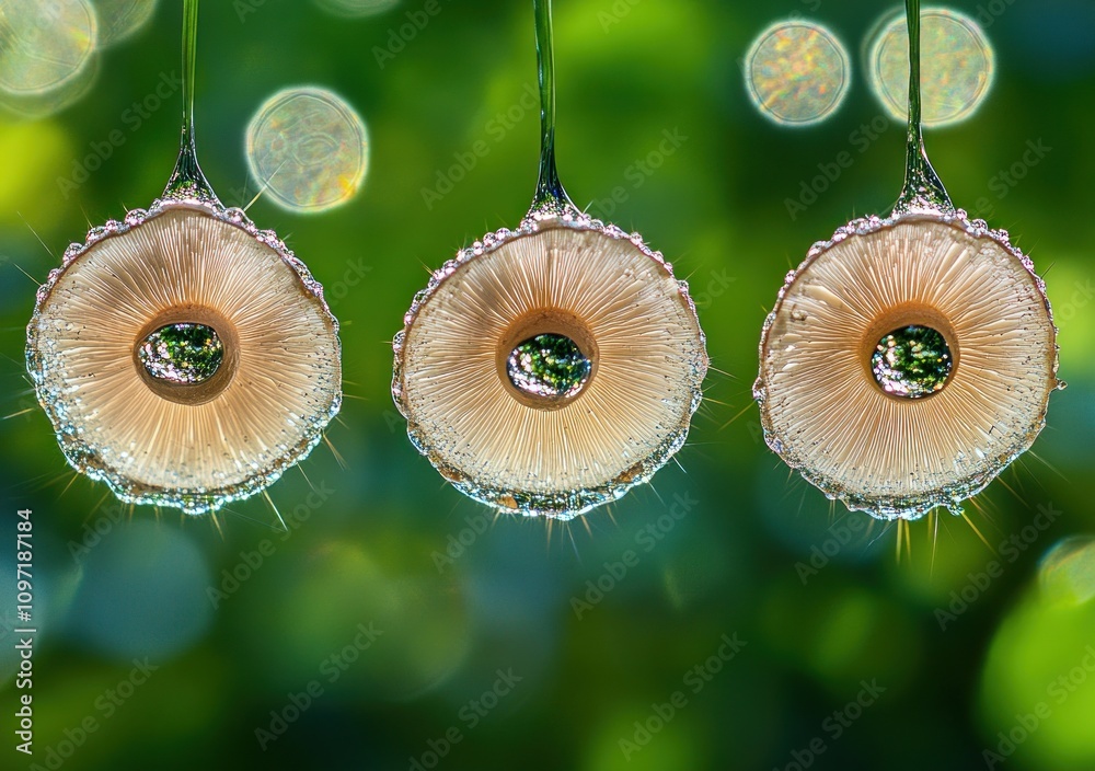 Poster close-up of three circular, mushroom-like structures with droplets, set against a blurred green back