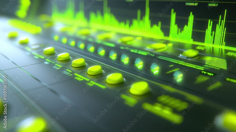 Poster A close-up of a digital audio mixer with glowing buttons and sound wave visuals.