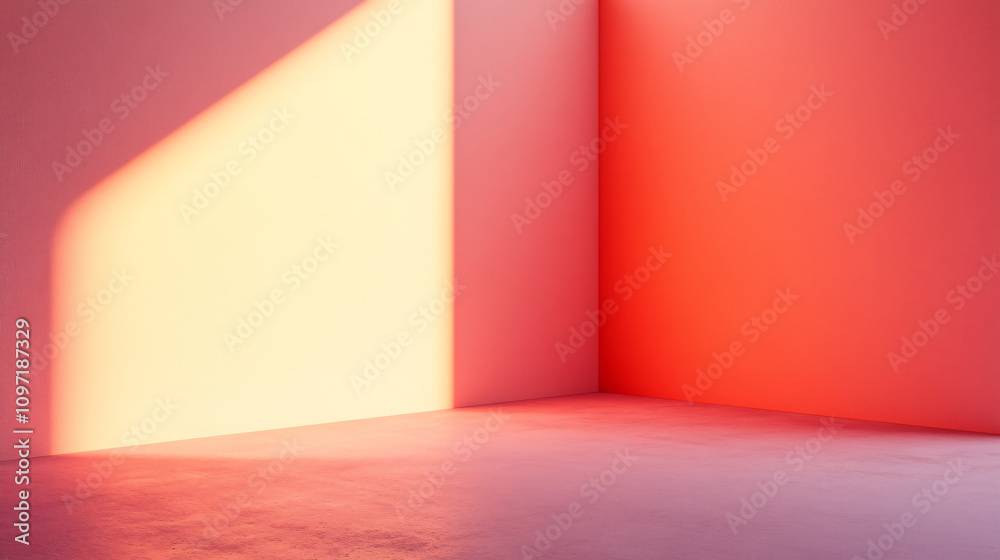 Aufkleber soft sunlight fills empty pink room, casting shadows on concrete floor. modern design highlighted by